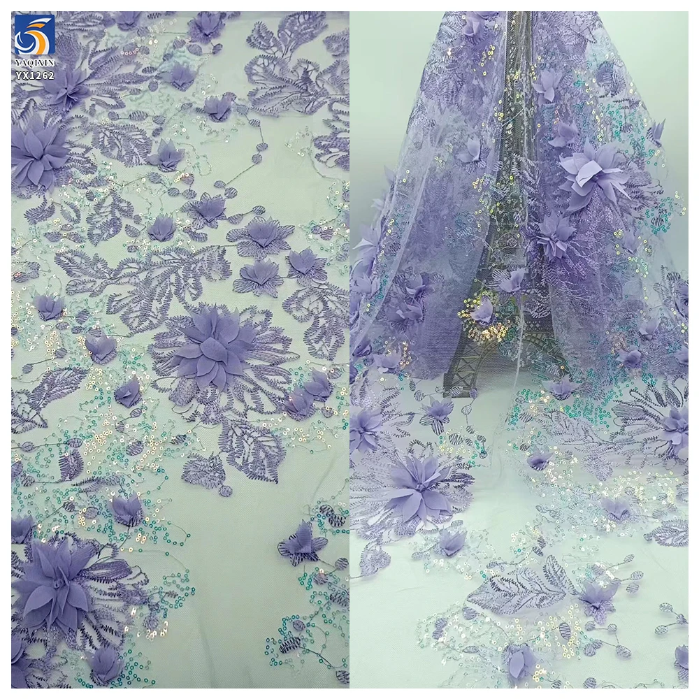 YX1262 200gsm New France Mesh Sequin Embroidered Fabric Flowers 3D Hand Embroidery Fabric With Sequins for Women's Garments - 图片 6