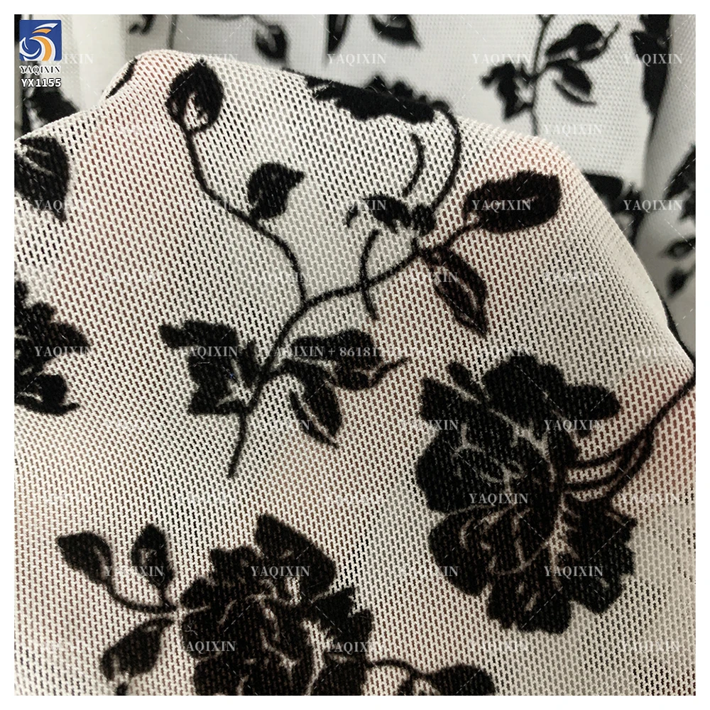 YX1155 2026 Popular Flocked Black Floral Mesh Fabric 4-Way Stretch Power Net Mesh Fabric With Black Floral Flock for Clothing - 图片 6