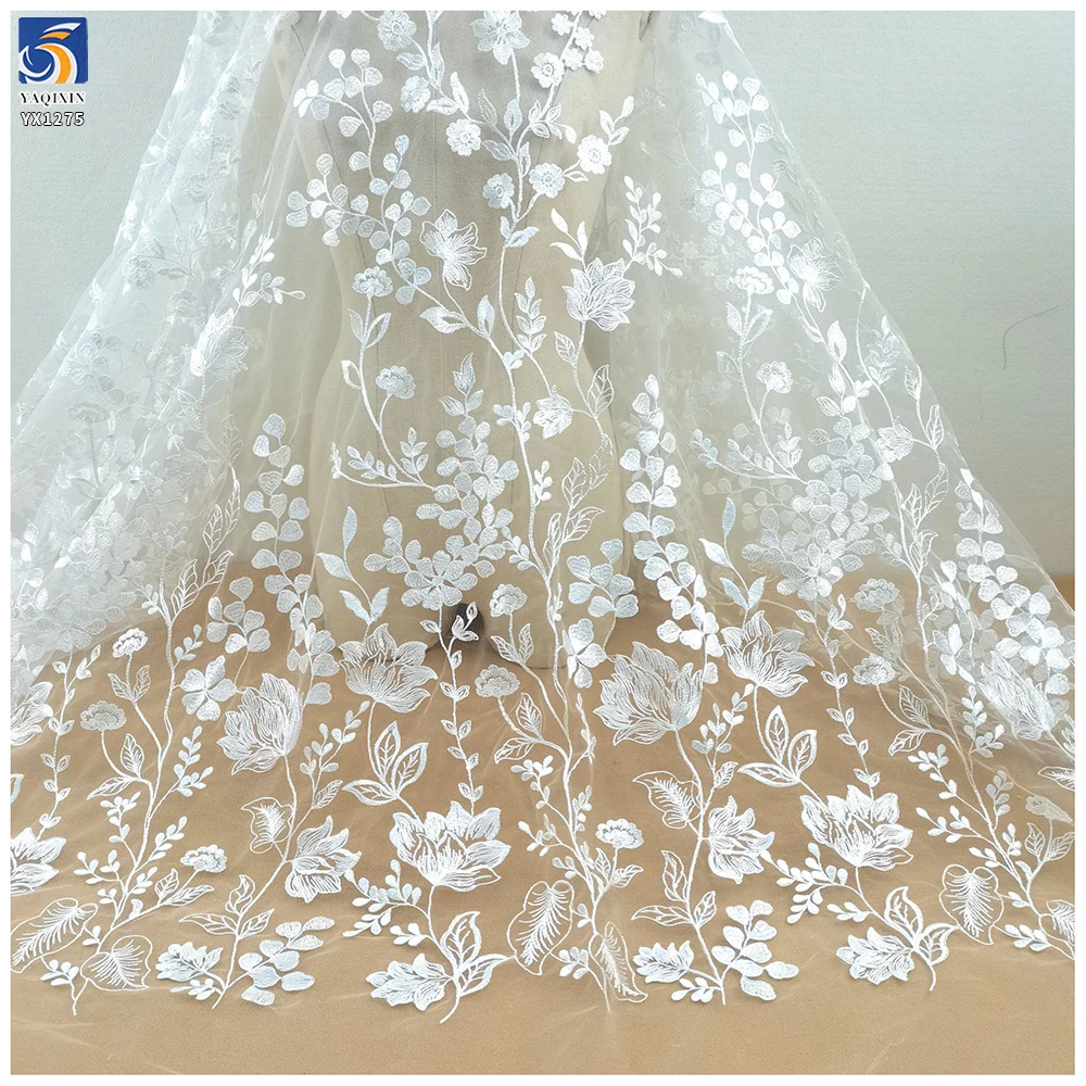 YX1275 130gsm Luxury Florals Embroidered White Wedding Tulle Lace Fabric Water-Soluble Embroidery French Dress Fabric - 图片 3