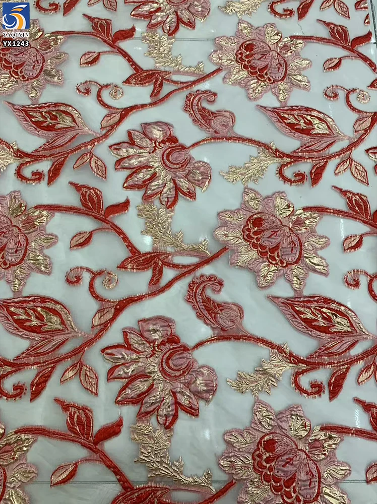 YX1243 Custom Polyester Thin Film Gold China's Luxury Brocade Fabric 2 Yards 3D Flowers Jacquard Brocade African Dress Fabric - 图片 6