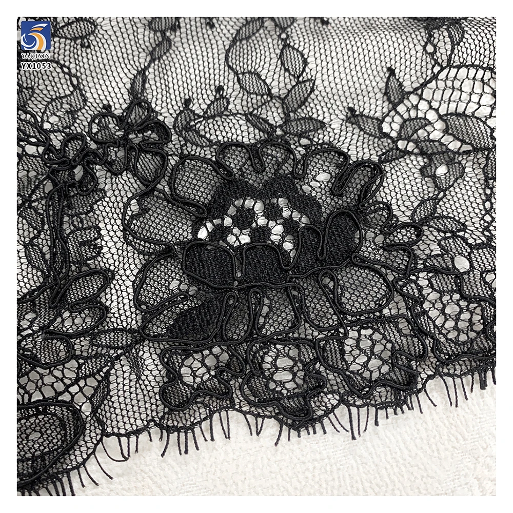 YX1053 Tulle Poly Black Eyelash Lace Fabric Ply Bone Thread Embroidery Flowers Custom Apparel-Sleepwear Eyelash Lace Fabrics - 图片 5