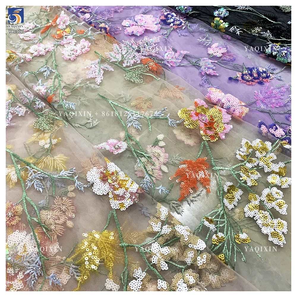 YX1312 Best-Selling Colorful Florals Pattern Beaded Sequin Fabric Lace Diy Custom Heavy Embroidery Flowers Dresses Fabric - 图片 6