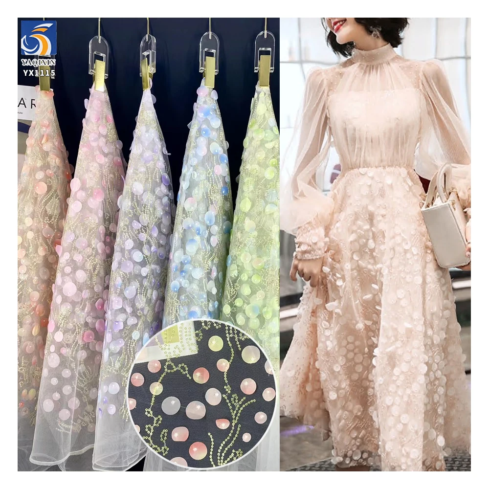 YX1115 2026 Applique Sequins Embroidery Tulle Laser Gradient 3D Polka Dot Embroidered Mesh Fabric 2 Yards Cheap for Clothing