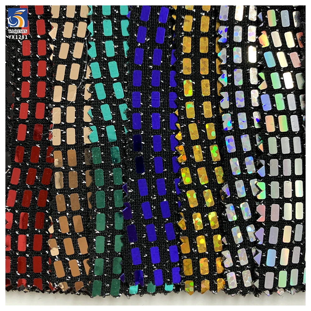 YX1281 150gsm Competitive Price Wavy Square Pattern Sequin Fabric 100% Nylon Knit Stretch Dress Laser Lurex Sequin Fabric - 图片 4