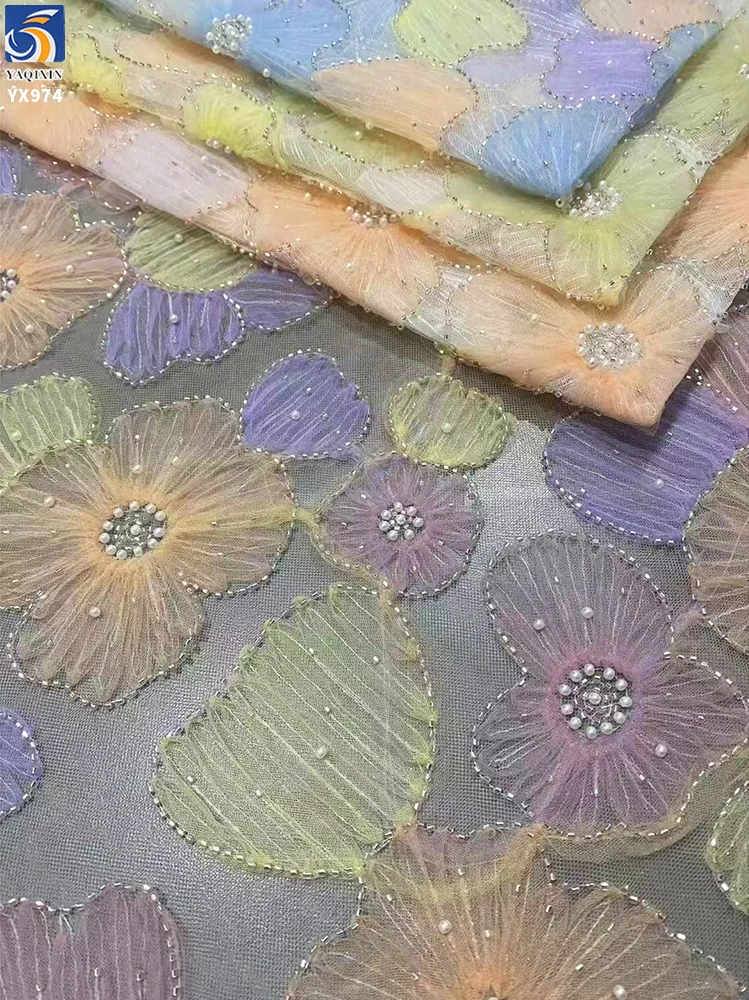 YX974 Colorful Digital Printing Big Flowers 3D Heavy Embroidery Tulle Fabric With Pearls 3D Poly Knitted Mesh Fabric Latest - 图片 6