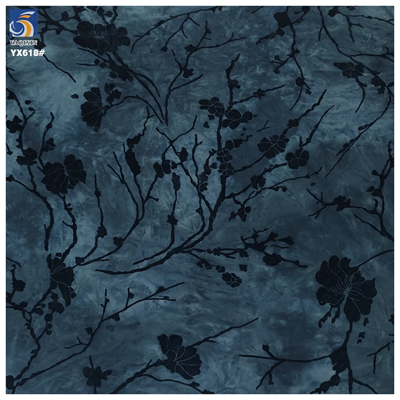 YX618 Chinese Retro Plum Blossom Flocked Burnt Flower Fabric 95 Polyester 5 Spandex Black Flock Knitted Stretch Fabric - 图片 5