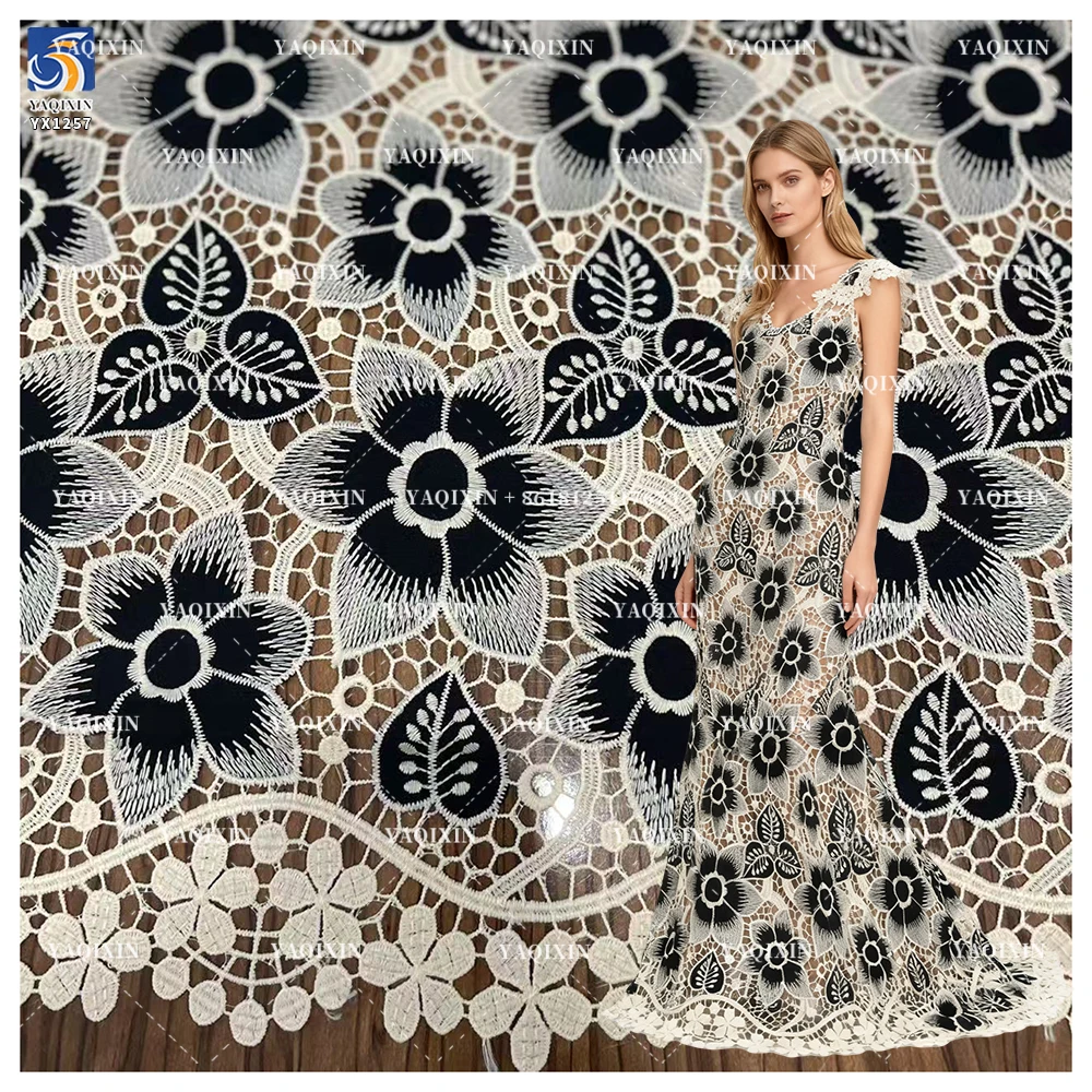 YX1257 2025 New Single-Sided Openwork Two-color Embroidered Fabric 150gsm Chiffon Water-Soluble Lace Fabric Embroidery