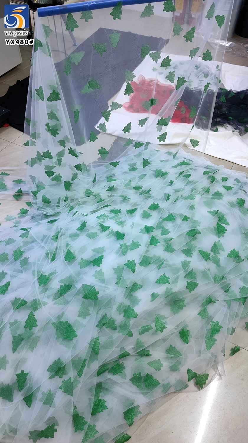 YX480 2025 Festival Mesh Tulle Christmas Fabric FabricPolyester Christmas Tree Pattern Printing Glitter Dust Tulle Fabric - 图片 5
