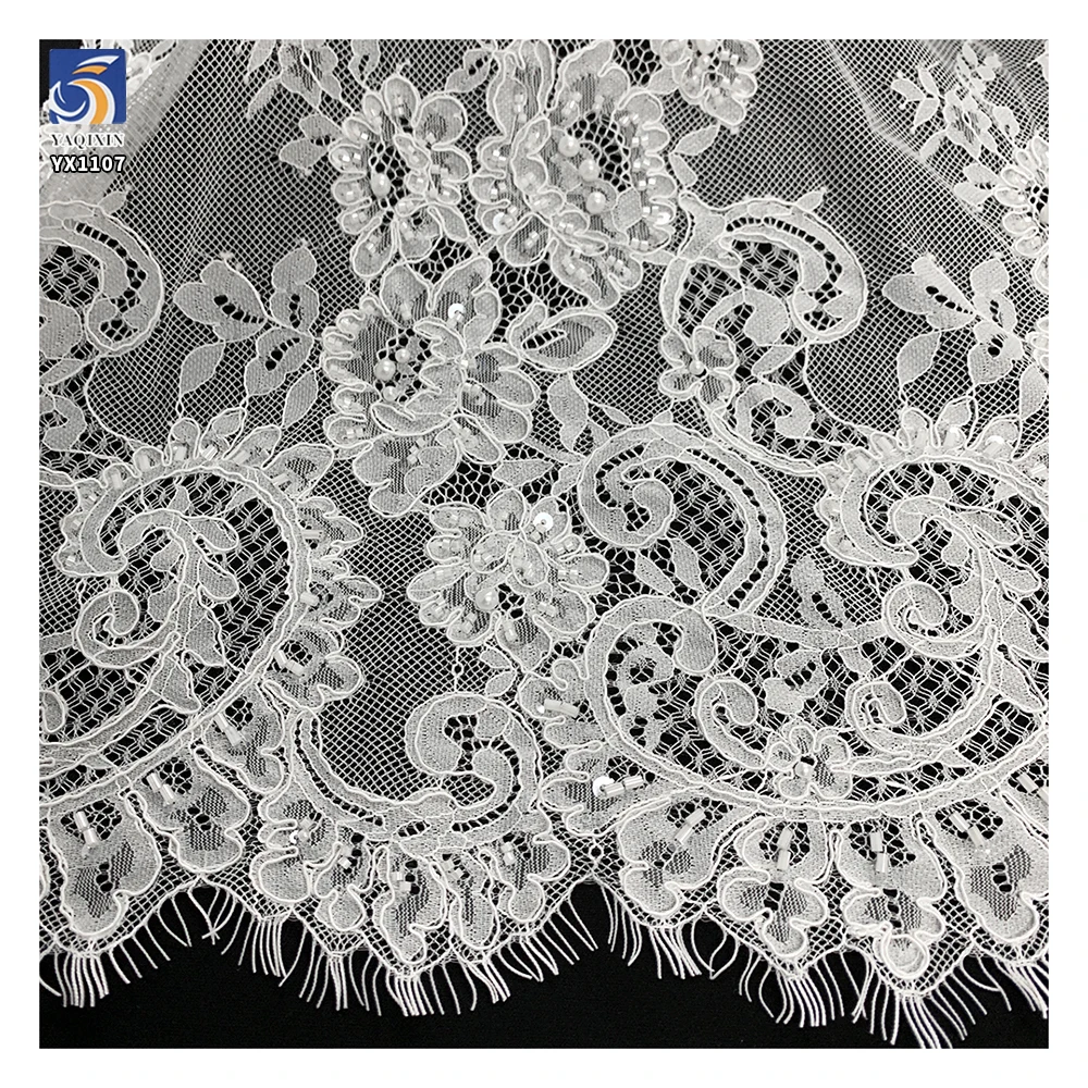 YX1107 Manufacturer Nigerian Eyelash Garment Lace Fabric Embroidered Florals Pearls Tulle Eyelash Lace Fabric for Clothing - 图片 4