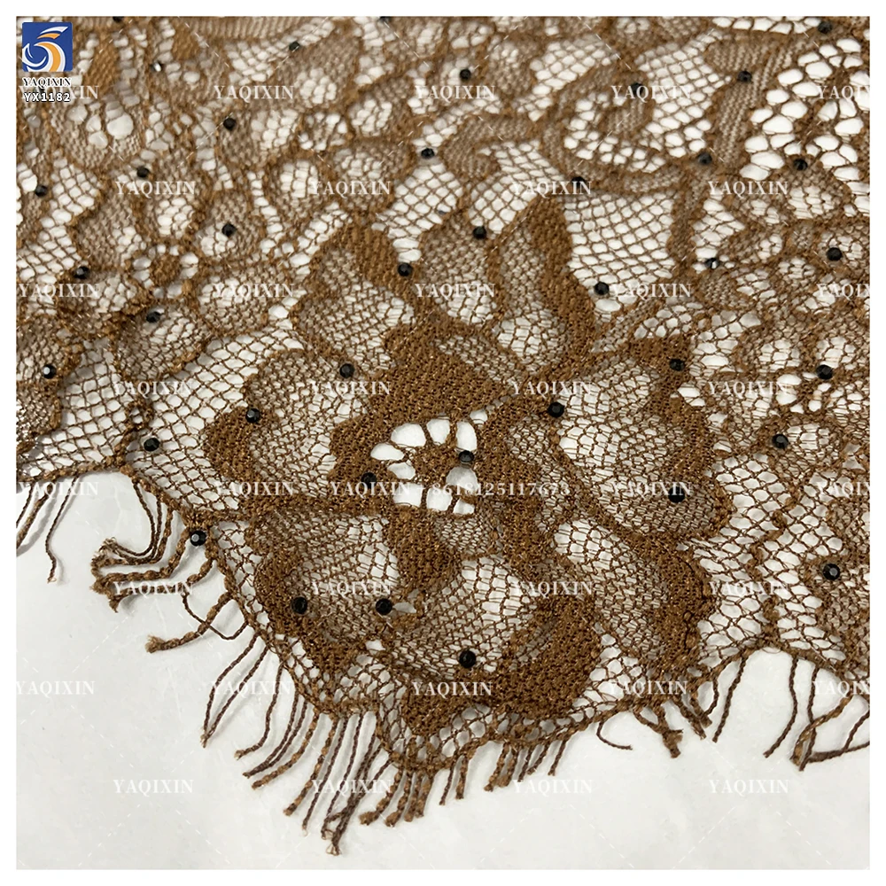 YX1182 Popular in Israel Woven Woman Coffee Brown Mesh Eyelash Lace Fabric With Stone for Fashionable and Sexy Dress - 图片 5