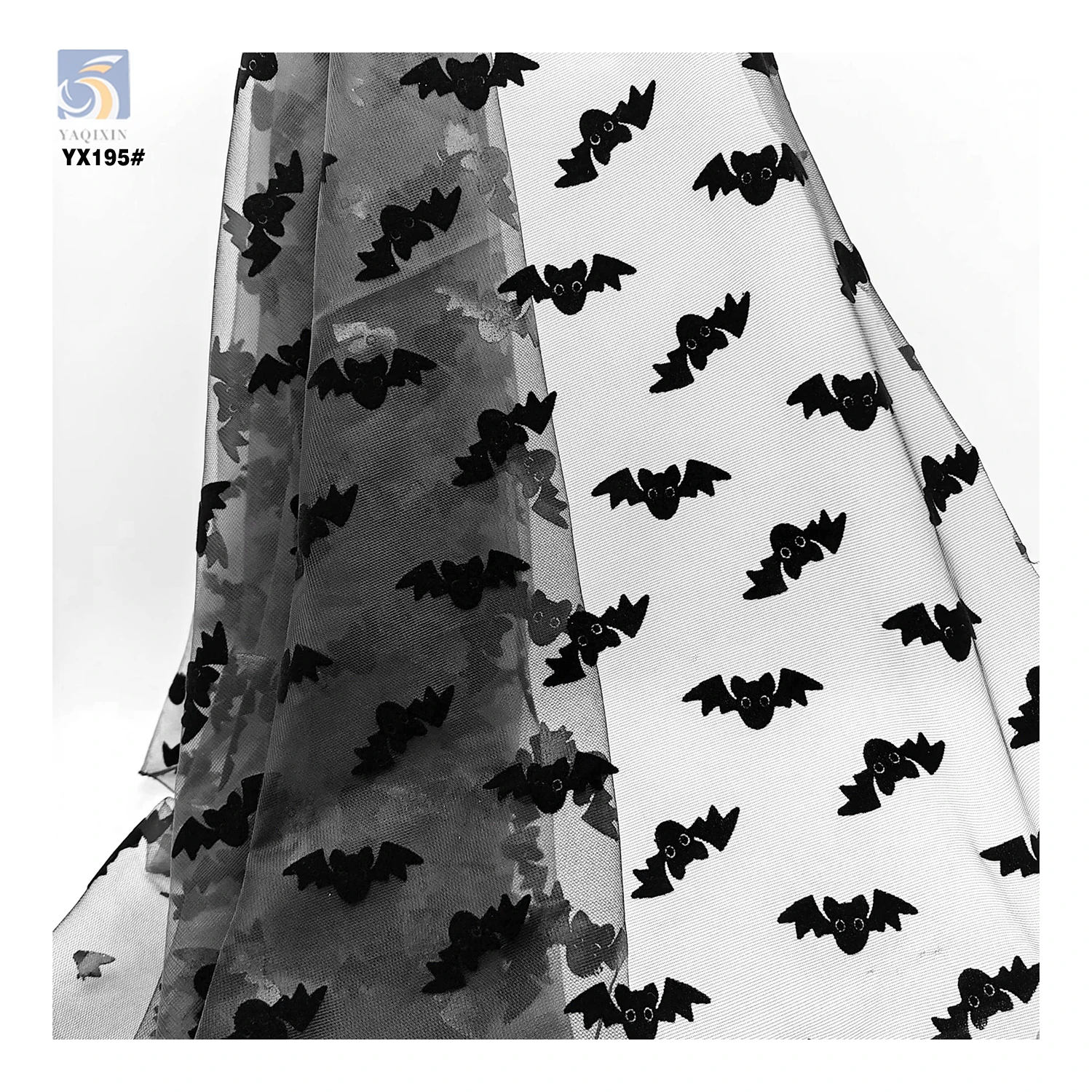 YX195 Custom Stage Costume Cartoon Flocking Tulle Fabric Mesh Black Bat Halloween Festival Polyester Fabric - 图片 3