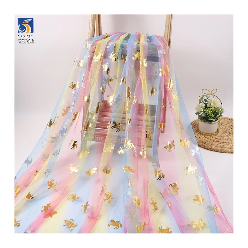 YX910 2026 Rainbow Gradient Tulle Fabric With Gold/Silver Five-Pointed Star Hot Stamping Printed Halloween Fabric for Children - 图片 3