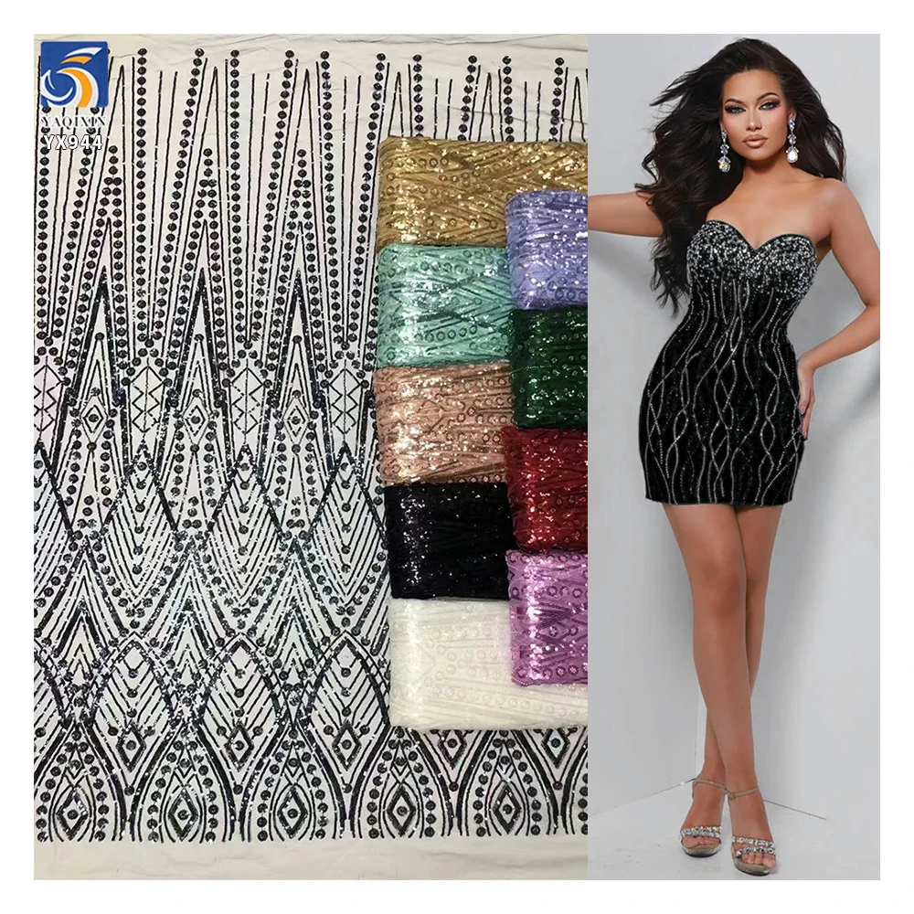 YX944 2026 200gsm African Evening Dress Mesh Cheap Lace Fabric Glitter Sequin Embroidered African Lace Fabrics for Clothing