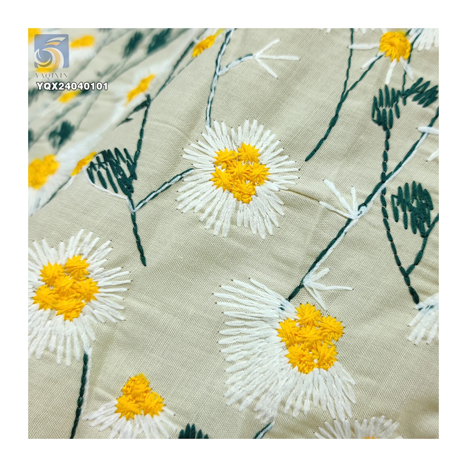 S25 High Quality Combed Breathable Daisy Embroidery Cotton Fabric Medium 180gsm Garments Skirts Ramie/Cotton Linen Fabric - 图片 3