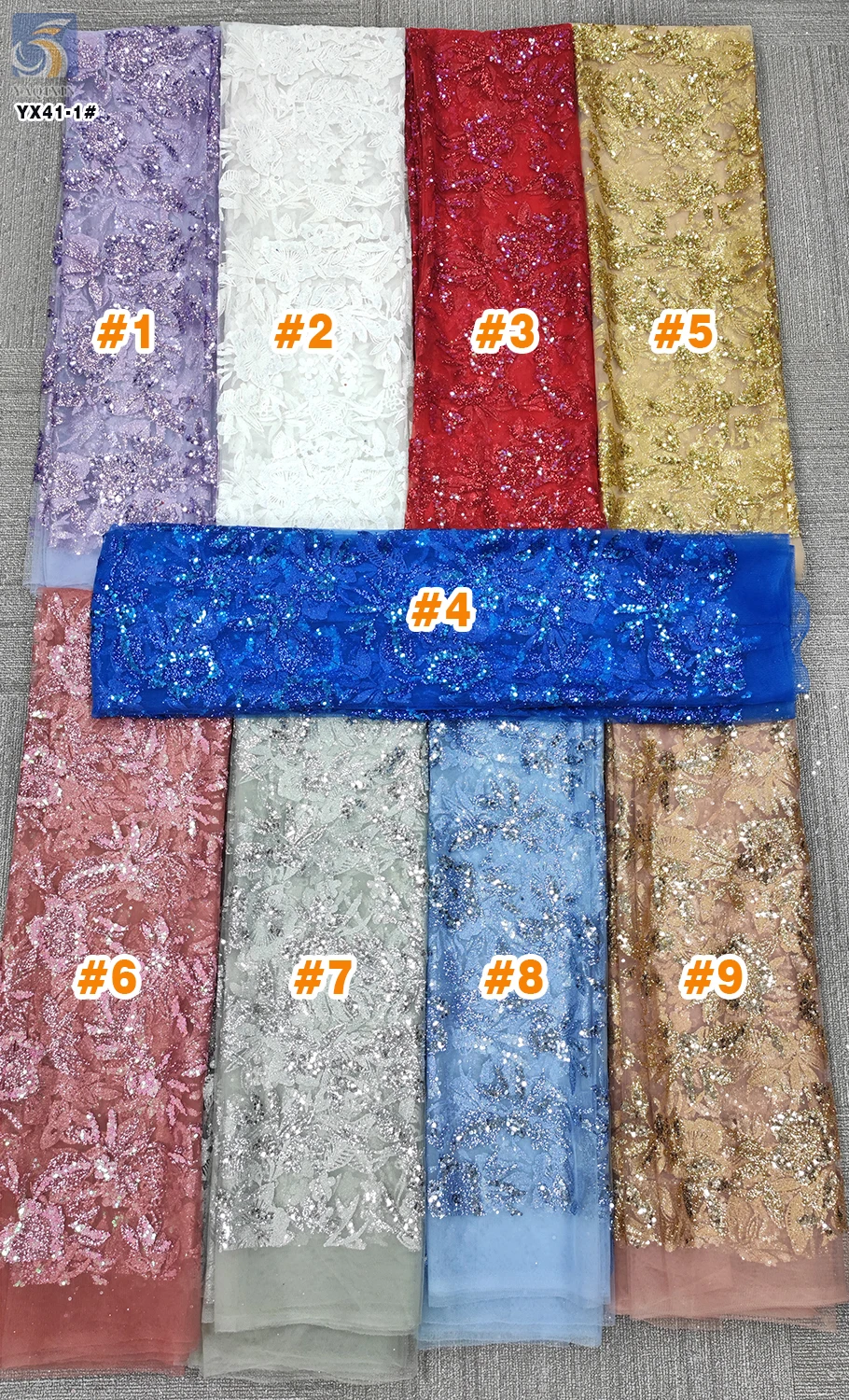 YX41-1 Wholesale Prices Nigerian Shine Lace Fabrics for Wedding 2026 Gold Sequins Glitter Lace Tulle Fabric - 图片 5