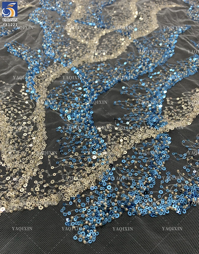 YX1221 New Arrival Flash Crystal Sequin Mesh Fabric Wavy Beaded Embroidery Lace Glitter Fabric for Mermaid Dress Gowns - 图片 5