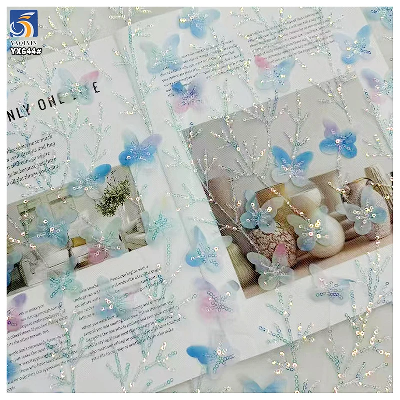 YX644 New Trends Multicolor Poly Gradient Butterfly Glitter Sequin Mesh Tulle Fabric 3D Butterfly Dress Fabric - 图片 6