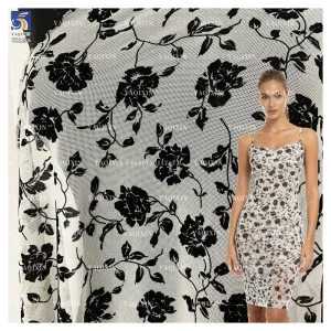 YX1155 2026 Popular Flocked Black Floral Mesh Fabric 4-Way Stretch Power Net Mesh Fabric With Black Floral Flock for Clothing