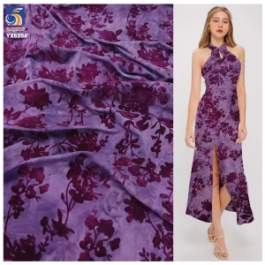 YX620 Factory Supports Custom Noble Purple Chinese Stretch Cheongsam Dress Fabric Elastic Floral Flocked Knitted Fabric