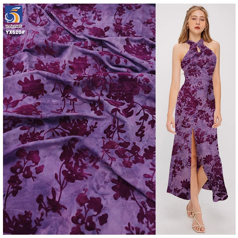 YX620 Factory Supports Custom Noble Purple Chinese Stretch Cheongsam Dress Fabric Elastic Floral Flocked Knitted Fabric