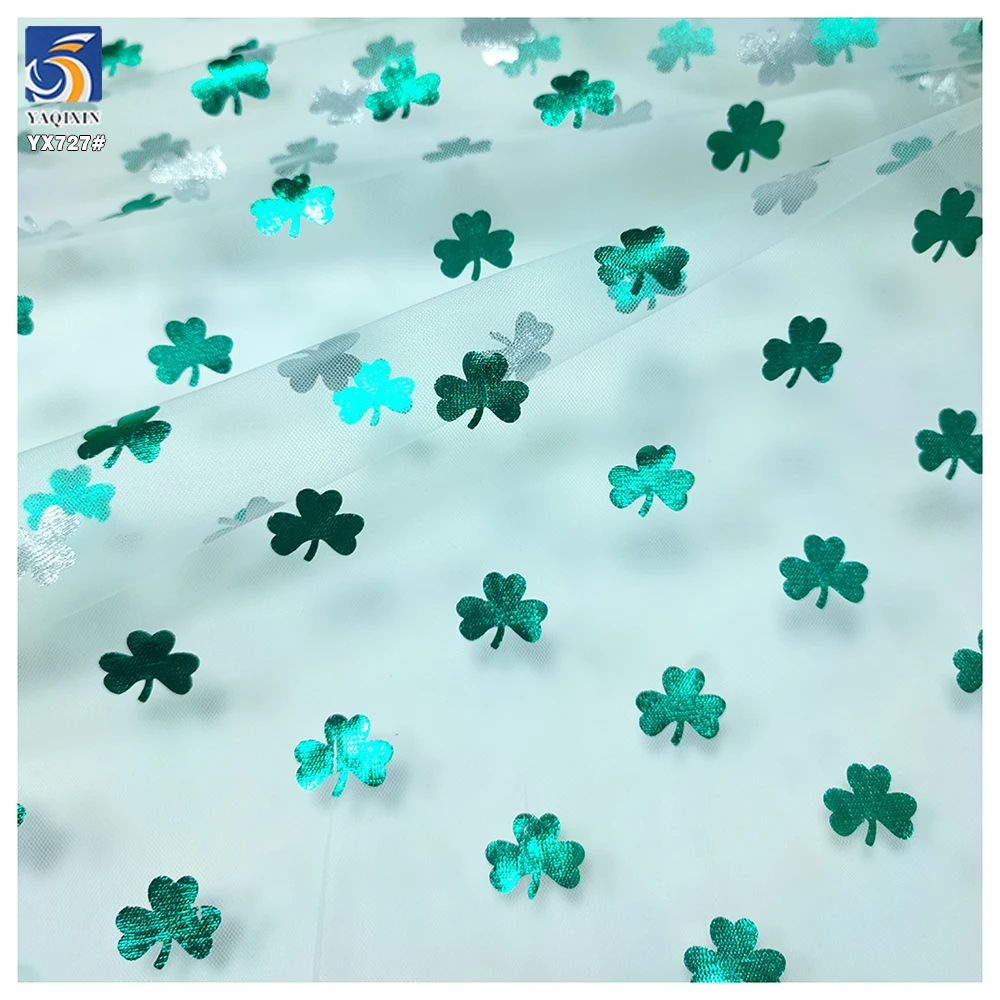 YX727 New Green Clover Printed Tulle Fabric St. Patrick's Day Holiday Printed Green Leaves Mesh Fabric Girls' Skirts Knitted - 图片 3