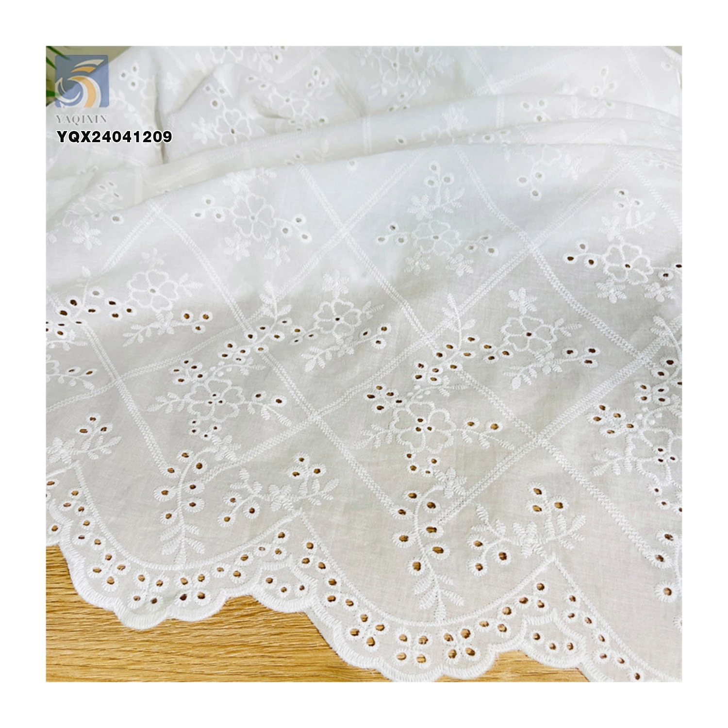 Custom Double Sided Wave Embroidery Soft Lace Swiss Lace Dress White 100%Cotton Embroidery Lace Fabric With Holes - 图片 3