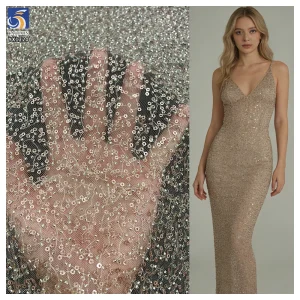 YX1220 Cheap Champagne-Colored Sequin Lace Fabric With Beaded Embroidery High Density Glitter Lace Fabric for Women