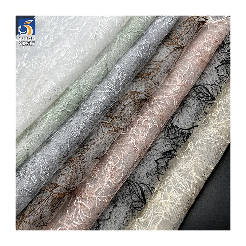 YX817 New Arrivals Tulle Jacquard Embroidery Peony Flowers Design Fabric 100% Polyester Flowers Jacquard Tulle Fabric - 图片 3