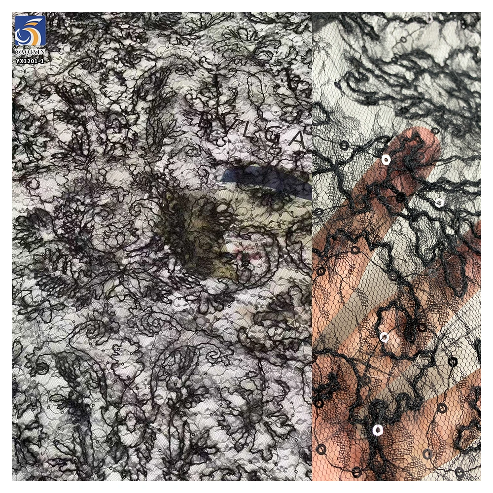 YX1201-1 130gsm Sexy Style Embroidered Black Tulle Fabric for Woman Clothing Mesh Custom Knitted Embroidery Fabric 1 Yard - 图片 3