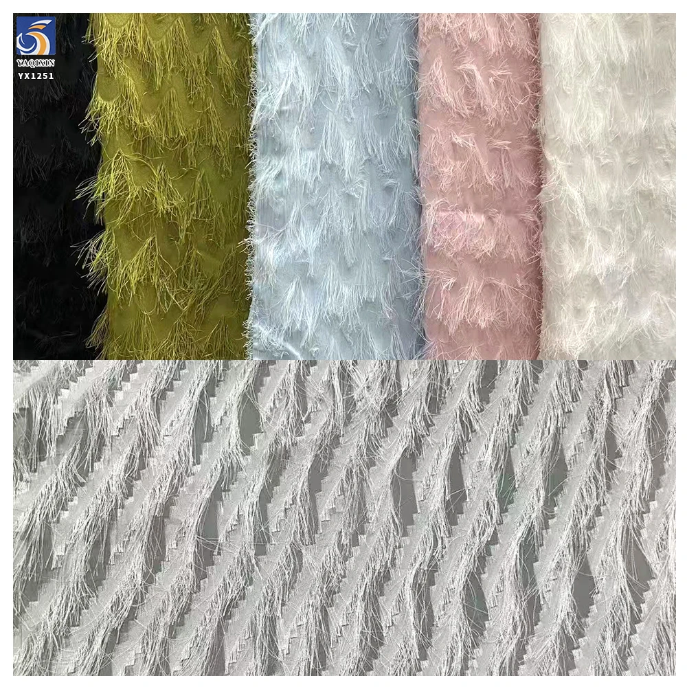 YX1251 Popular in Russia White Tassel Chiffon Jacquard Fabric Feather Design Nylon Jacquard Fabric for Dress Woman - 图片 6