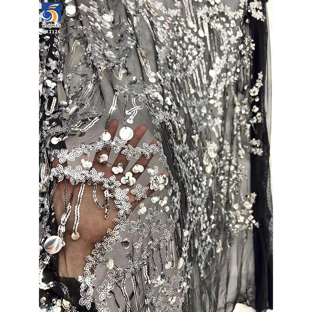 YX1126 Manufacturer Fringed 400gsm Heavy Sequin Fabric Five-Pointed Star Florals Shaped 3D Sequin Mesh Dress Fabric - 图片 2