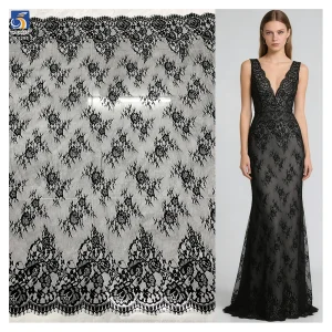 YX1295 2026 New Arrival Polyester Mesh Skirt With Lace Pure Black Eyelash Lace Fabric for Dress Woman Material
