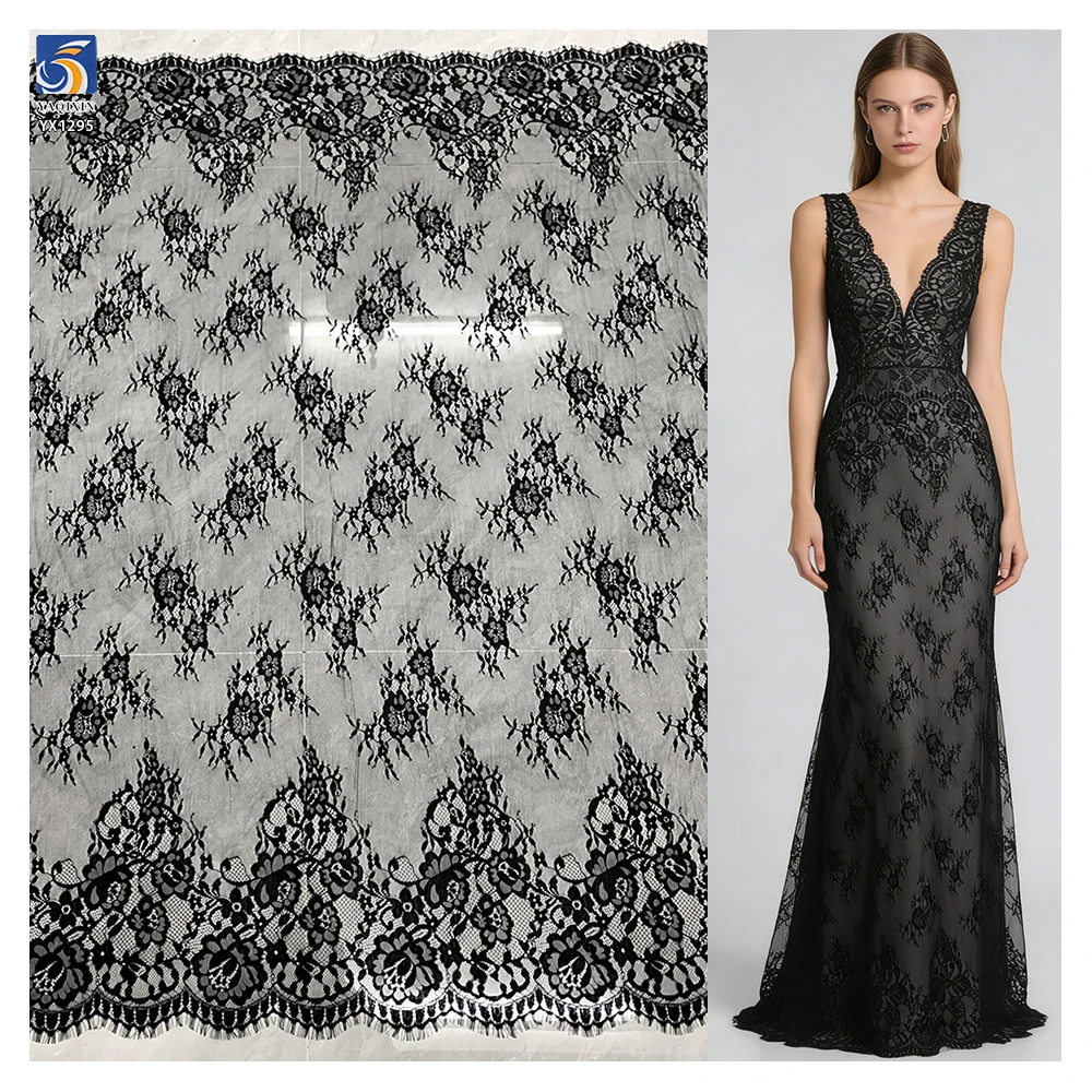 YX1295 2026 New Arrival Polyester Mesh Skirt With Lace Pure Black Eyelash Lace Fabric for Dress Woman Material