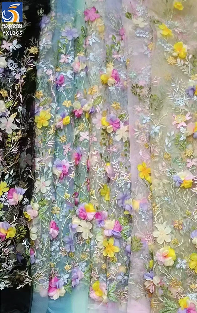 YX1265 Competitive Prices Embroidered Textile Tulle Fabrics Poly Multi-Color Candy Hand Embroidery 3D Flower Dress Fabric - 图片 4