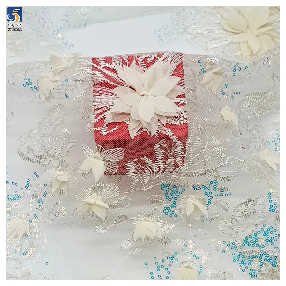 YX1262 200gsm New France Mesh Sequin Embroidered Fabric Flowers 3D Hand Embroidery Fabric With Sequins for Women's Garments - 图片 5