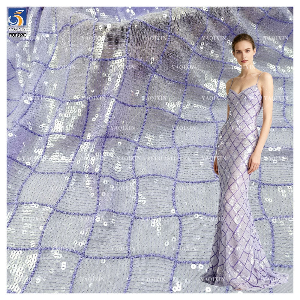 YX1250 Lavender Purple 5mm Sequin Mesh Fabric Crystal Sheet Clear Checkered Embroidered Knit Sequin Trendy Clothing Fabrics