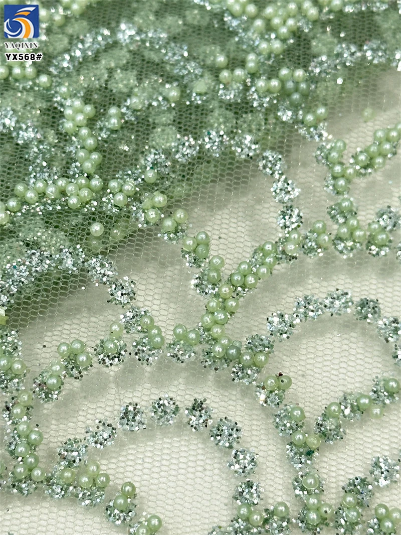 YX568 Low MOQ Custom Design African Nigerian Lace Tulle Knitted Green Beads Sparkle Glitter Lace Mesh Tulle Fabric - 图片 3