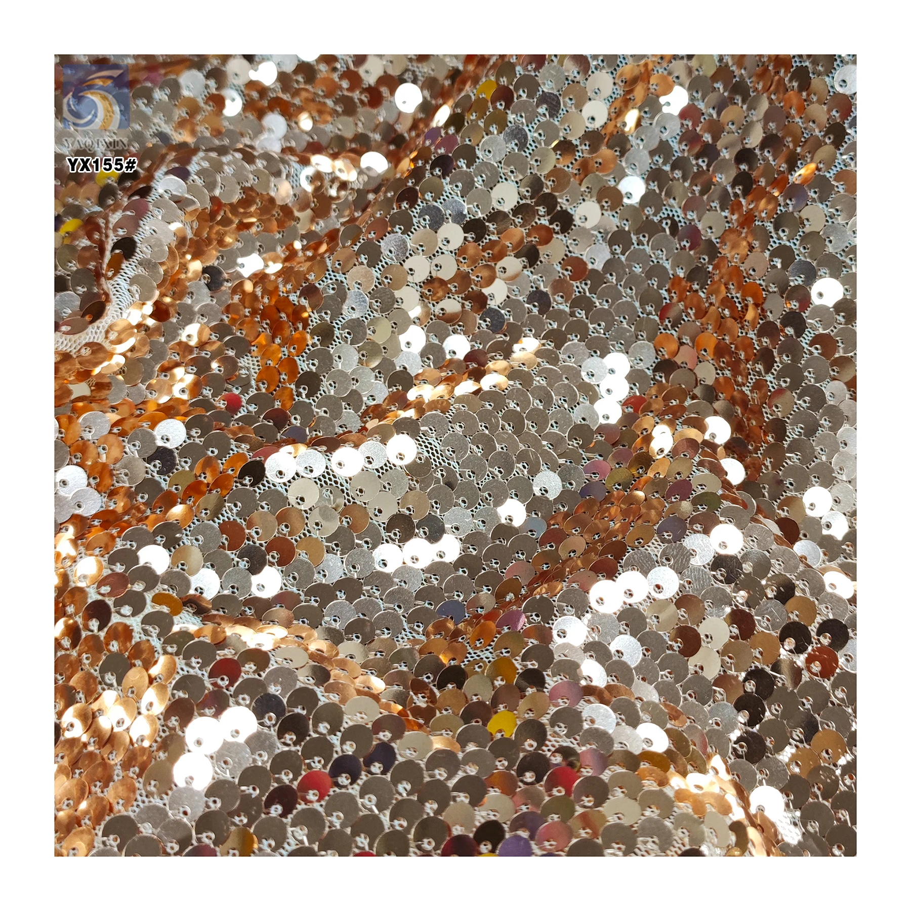 YX155 Good Quality Price 5mm Sequin Mesh Fabric Knit Paillettes Rose Gold Sequins Fabric - 图片 3