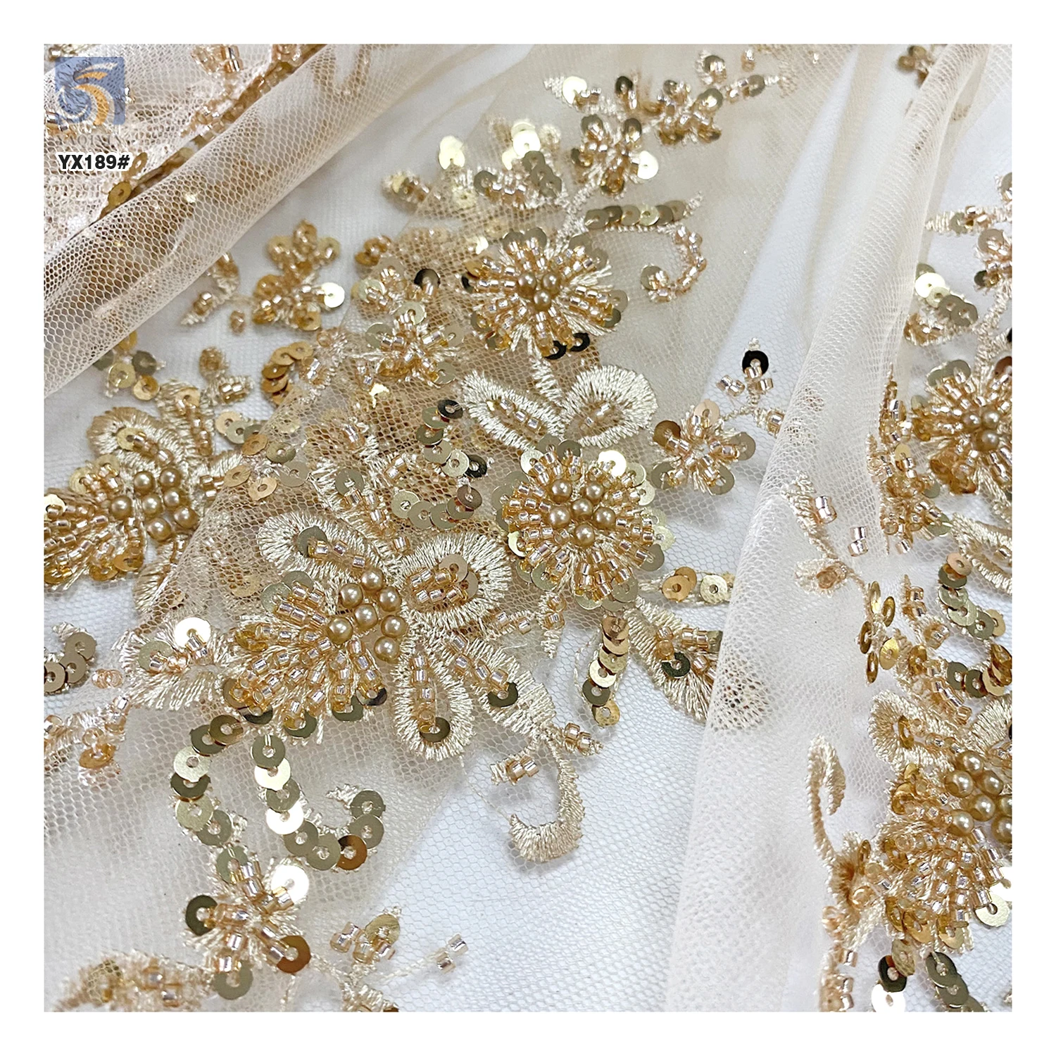 YX189 Gold Embroidery Tulle Beaded Lace With Sequins French Bridal Lace Fabric Beads Sequins Rose Gold Beaded Lace Fabric - 图片 3