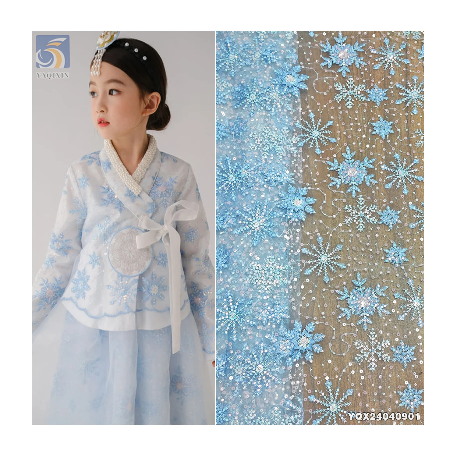 New Arrival Shiny Snowflake Design Sequin Embroidered Organza Fabric for Girls Skirts