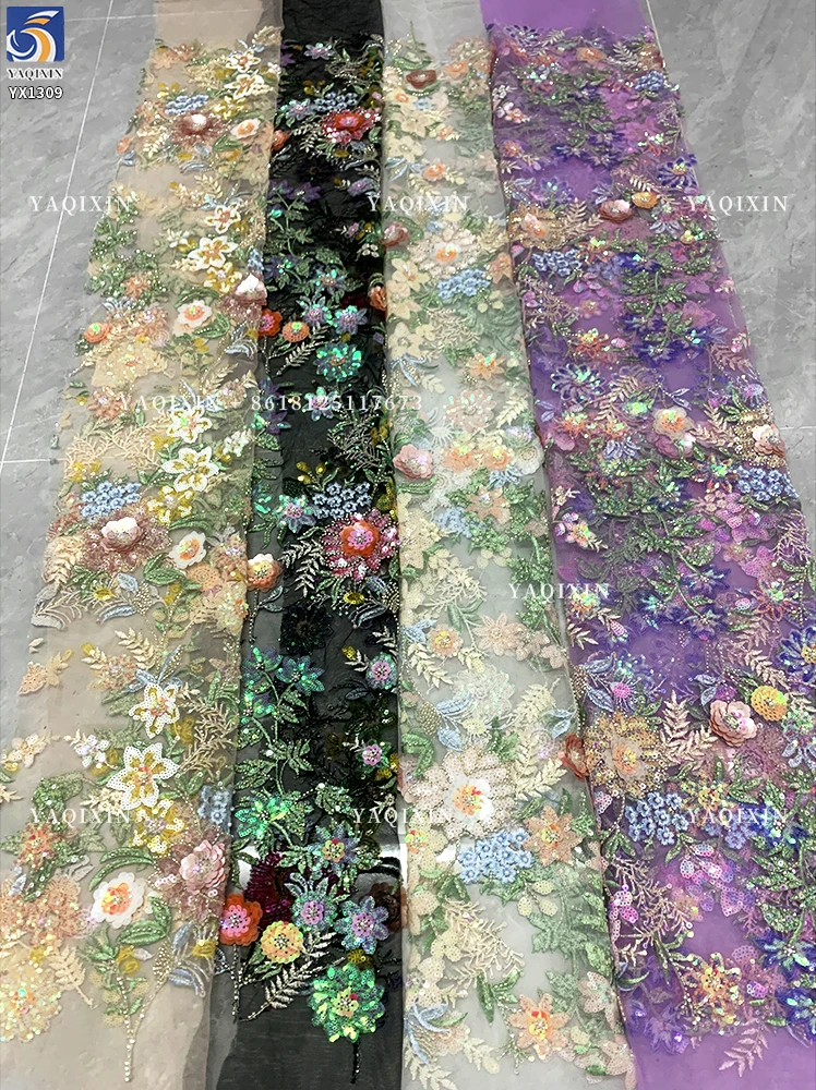 YX1309 Top Sales Forest Pattern 3D Floral Embroidered Mesh Fabric for Women's Skirts DIY Handmade Pearls Sequin Flowers Fabric - 图片 5