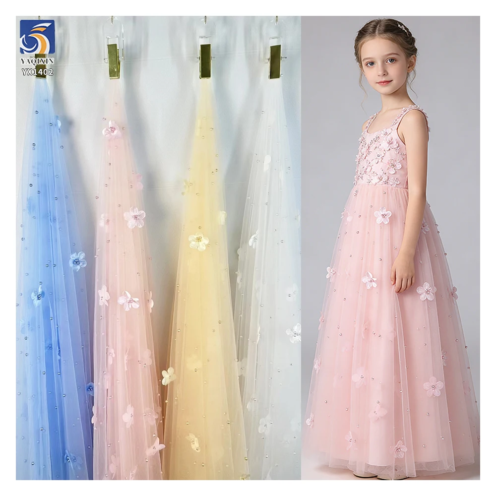 YX1402 Competitive Prices 3D Floral Pearls Tulle Skirt Fabric for Girls' Beautiful 2026 Embroidered 3D Mesh Fabric
