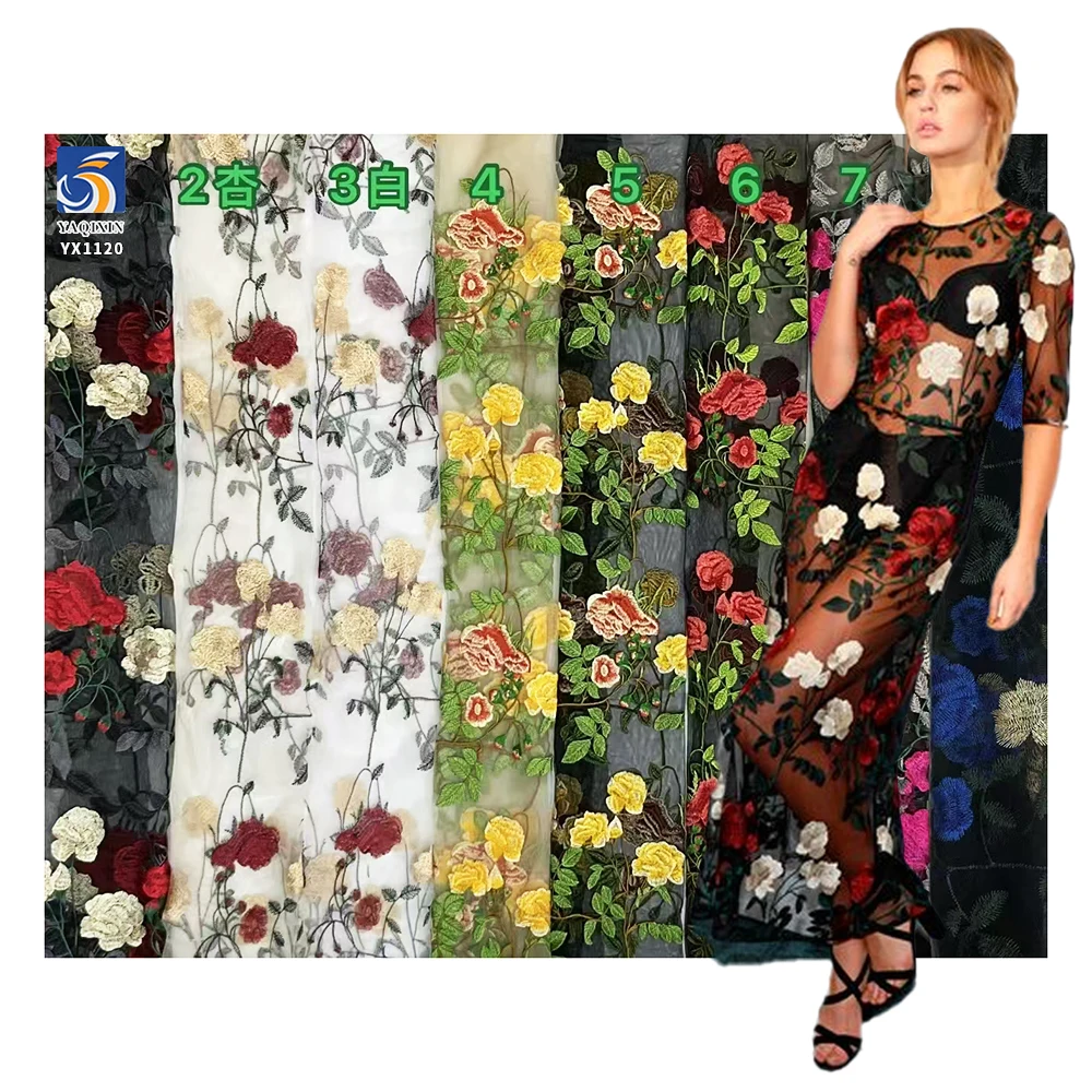 YX1120 Expensive Multi-Color Embroidered Flowers Mesh Fabric Water-Soluble Embroidery Large Roses Tulle Fabric French Parisian