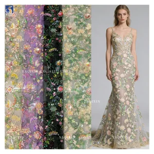 YX1317 Popular Trends and Styles in 2026 Green Sequins Embroidered Mesh Lace Fabrics for Traditional Chinese Women Lace Dress
