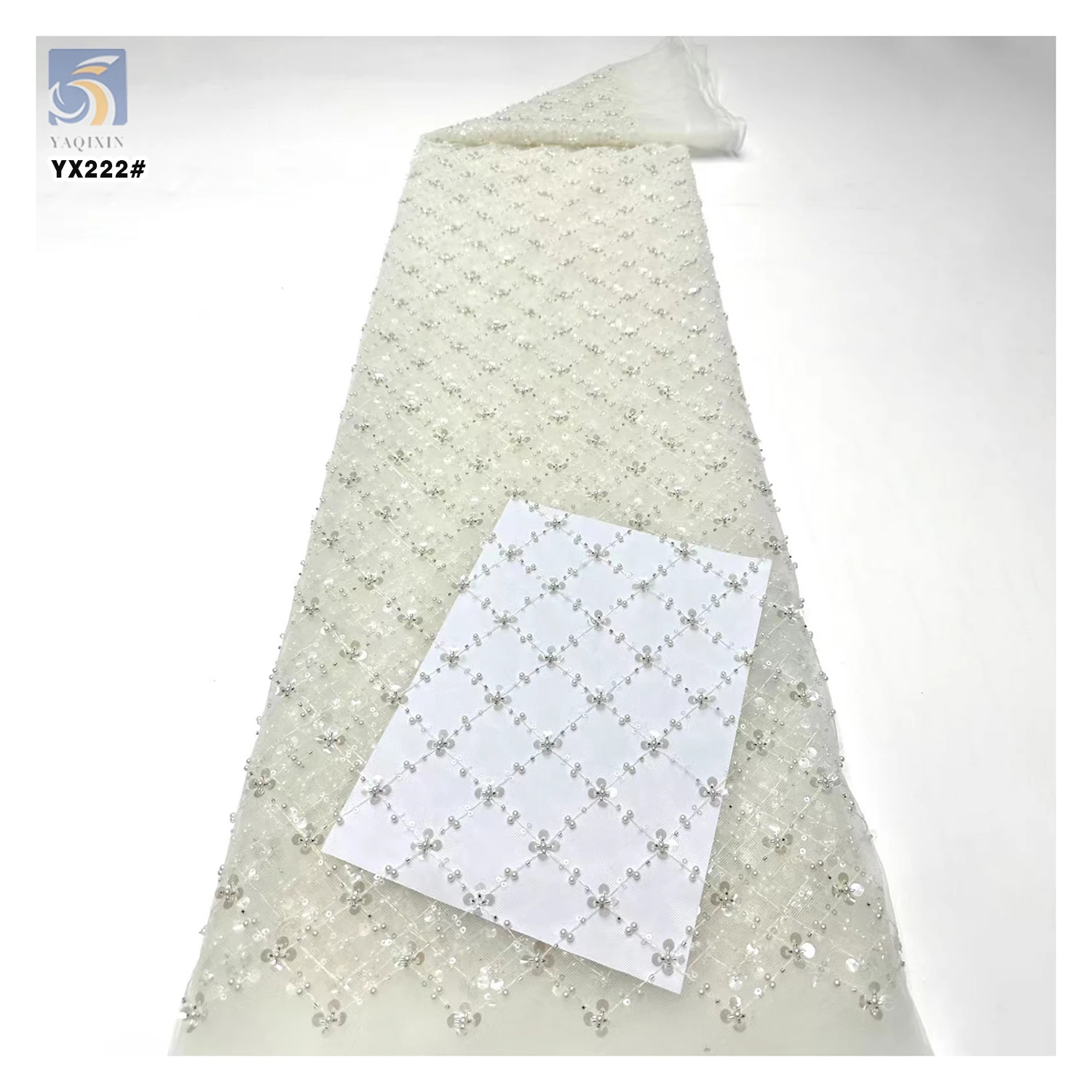 YX222-1 Hot Sales Diamond Bead Embroidery Sequin Lace Fabric Polyester Soft Tulle Bead Sequin Lace Fabric - 图片 5