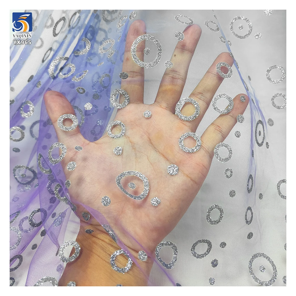 YX965 Blue Purple Gradient Polyester Mesh Glitter-Print Silver Circle Pattern Design Tulle Fabric for Children's Princess Dress - 图片 5