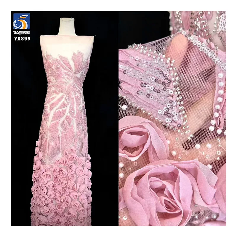 YX901 High Quality Pink Mesh 3D Flowers Lace Handmade Beads French Lace Sequin Fabric 3D Lace Fabrics for Dresses - 图片 6