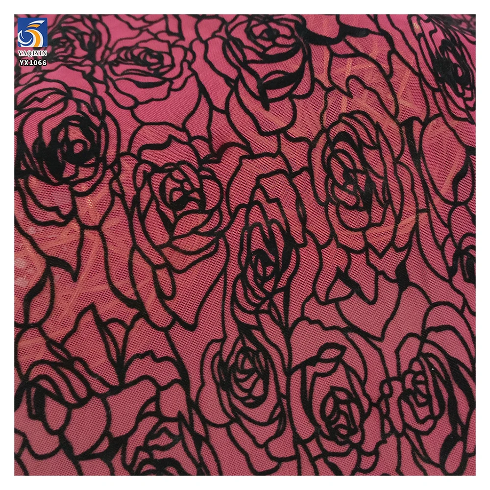 YX1066 Nylon/Spandex Elastic Mesh Women's Underwear Fabric Flocking Black Rose Flower 4 Way Stretch Flocked Tulle Fabric - 图片 4