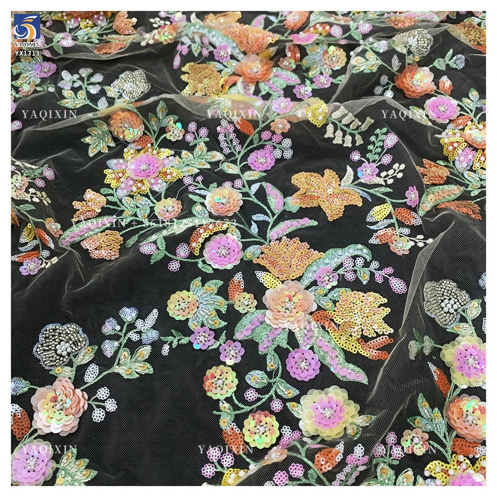 YX1313 Popular Trends Embroidery Fabric 5 Yards Heavy Embroidery Pearl Sequin Flowers Tulle Lace Fabric for Girls Skirts - 图片 3