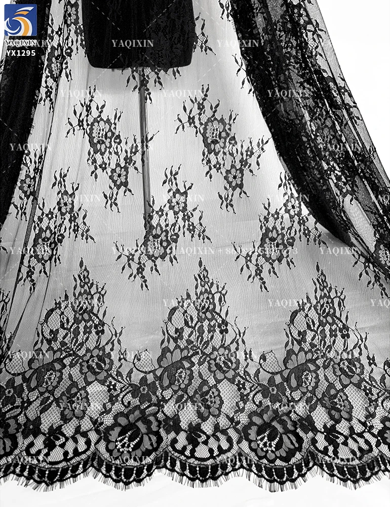 YX1295 2026 New Arrival Polyester Mesh Skirt With Lace Pure Black Eyelash Lace Fabric for Dress Woman Material - 图片 2